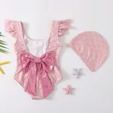 Toddler Girls Swimwear Flying Sleeve Backless Bowknot Swimsuit with Swim Cap