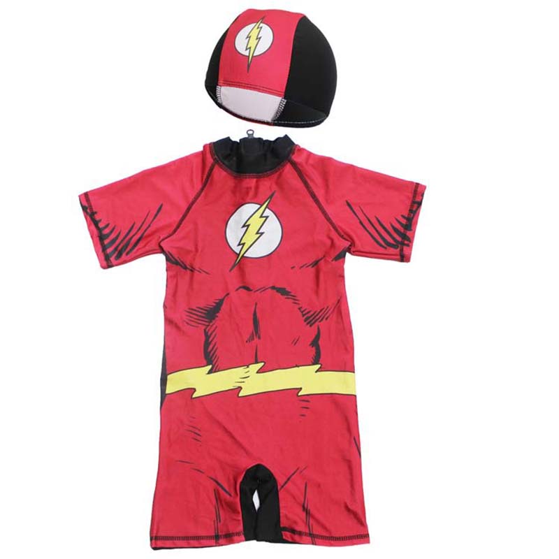 Toddler Kids Boy One Piece Swimwear Cartoon Lightning Swimsuit with Swim Cap