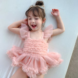 Toddler Girls One Piece Swimwear Pink Mesh Tutu Skirt Swimsuit