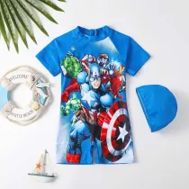 Toddler Kids Boy One Piece Swimwear Cartoon Super Heroes Swimsuit with Swim Cap