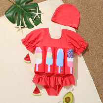 Toddler Kids Swimwear Ice Cream Prints Float Adjustable Buoyancy Swimsuit with Swim Cap
