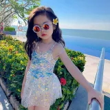 Toddler Girls Swimwear Sling Sequin Fish Scale Swimsuit with Bucket Hat