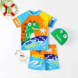 Toddler Kids Boy Two Pieces Swimwear Cartoon Surfing Dinosaurs Swimsuit with Swim Cap