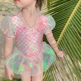 Toddler Girls Swimwear Puffy Sleeve Fish Scale Swimsuit with Bucket Hat