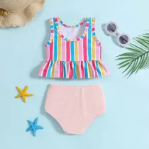 Toddler Girls Two Pieces Swimwear Bowknot Colorful Stripes Swimsuit
