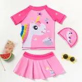 Toddler Girls Two Pieces Swimwear Unicorn Prints Skirt Swimsuit with Swim Cap