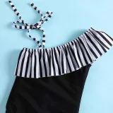 Toddler Girls One Pieces Swimwear One Shoulder Strip Swimsuit with Hair Bands