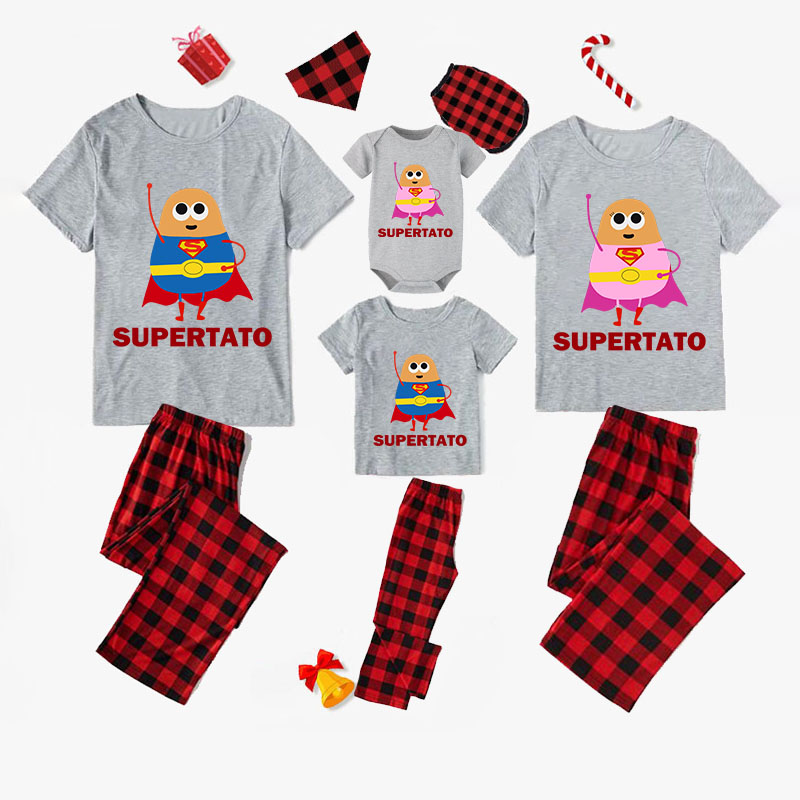 Family Matching Pajamas Exclusive Design Is Potato Super Potato Gray Short Long Pajamas Set