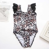 Toddler Girls One Pieces Swimwear Leopard Print Flying Sleeve Swimsuit