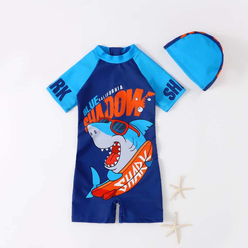 Toddler Kids Boy One Piece Swimwear Cartoon Surfi Shark Swimsuit with Swim Cap