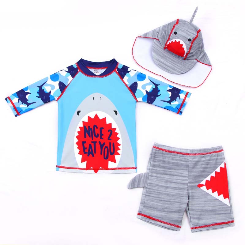 Toddler Kids Boy Two Pieces Swimwear Cartoon Shark Swimsuit with Sun Hat