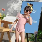 Toddler Girls One Piece Swimwear Mesh Puffy Sleeve Swimsuit with Swim Cap