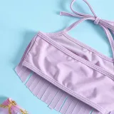 Toddler Girls 2 Pieces Purple Fish Scale Swimwear Tassels Halter Swimsuit with Hair Ties
