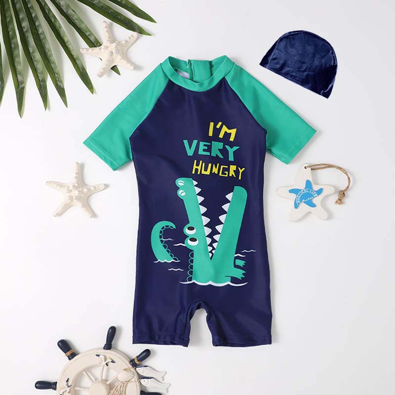 Toddler Kids Boy One Piece Swimwear Cartoon Hungry Dinosaurs Swimsuit with Swim Cap