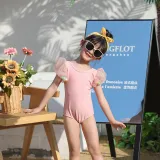 Toddler Girls One Piece Swimwear Mesh Puffy Sleeve Swimsuit with Swim Cap