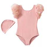 Toddler Girls One Piece Swimwear Mesh Puffy Sleeve Swimsuit with Swim Cap