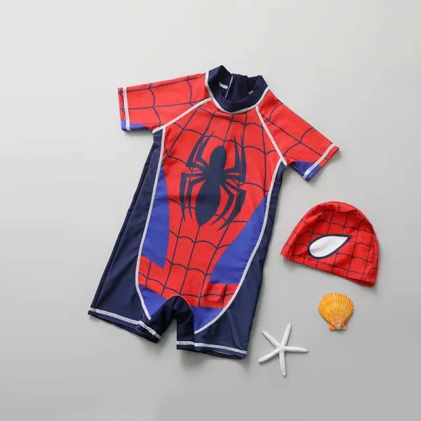 Toddler Kids Boy 2 Pieces Swimwear Cartoon Spider Short Swimsuit with Swim Cap
