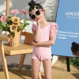 Toddler Girls One Piece Swimwear Floral Sleeve Pink Swimsuit with Swim Cap