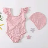 Toddler Girls Swimwear Flying Sleeve Backless Bowknot Swimsuit with Swim Cap