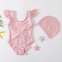 Toddler Girls Swimwear Flying Sleeve Backless Bowknot Swimsuit with Swim Cap