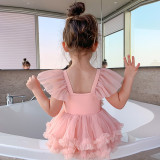 Toddler Girls One Piece Swimwear Pink Mesh Tutu Skirt Swimsuit