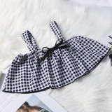 Toddler Girls Two Pieces Swimwear Plaid Sling Tank Swimsuit with Swim Cap