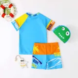Toddler Kids Boy Two Pieces Swimwear Cartoon Surfing Dinosaurs Swimsuit with Swim Cap