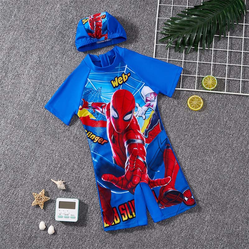 Toddler Kids Boy One Piece Swimwear Cartoon Jumping Spider Swimsuit with Swim Cap