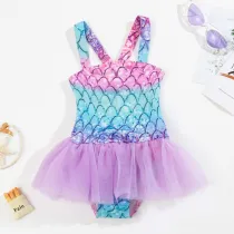 Toddler Girls One Pieces Swimwear Sling Mermaid Mesh Skirt Swimsuit