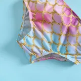 Toddler Girls 2 Pieces Purple Fish Scale Swimwear Tassels Halter Swimsuit with Hair Ties