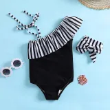 Toddler Girls One Pieces Swimwear One Shoulder Strip Swimsuit with Hair Bands