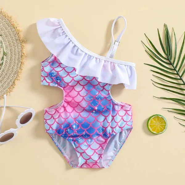 Toddler Girls One Piece Swimwear Fish Scale One Shoulder Swimsuit