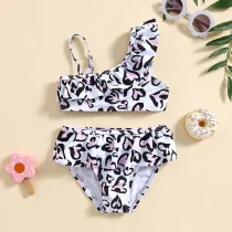 Toddler Girls Two Pieces Swimwear Heart Leopard Prints Swimsuit