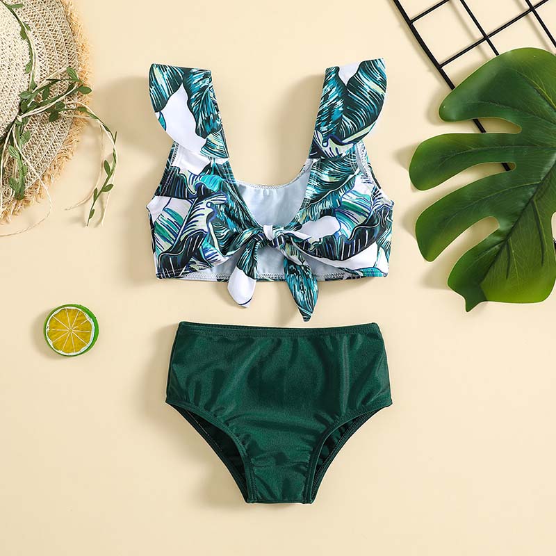 Toddler Girls Two Pieces Swimwear Bowknot Tank Coconut Leaves Prints Swimsuit
