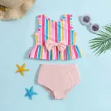 Toddler Girls Two Pieces Swimwear Bowknot Colorful Stripes Swimsuit