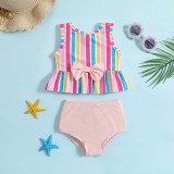 Toddler Girls Two Pieces Swimwear Bowknot Colorful Stripes Swimsuit