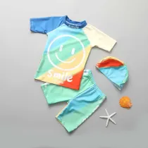 Toddler Kids Boy 3 Pieces Swimwear Cartoon Smile Tops and Trunks Swimsuit with Swim Cap