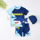 Toddler Kids Boy Two Pieces Swimwear Cartoon Surfing Dinosaurs Swimsuit with Swim Cap