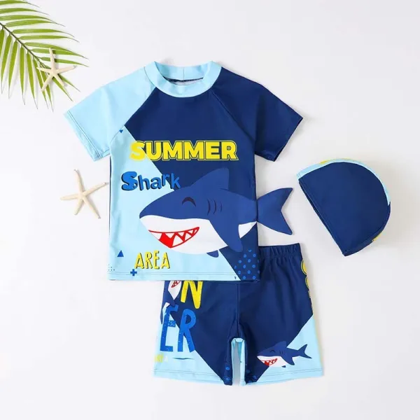 Toddler Kids Boy Two Pieces Swimwear Cartoon Surfing Dinosaurs Swimsuit with Swim Cap