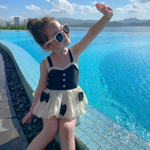 Toddler Girls One Piece Swimwear Lace Butterfly Mesh Skirt Swimsuit