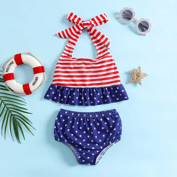 Toddler Kids Girl Two Pieces Swimwear Independence Day National Flag Halter Swimsuit
