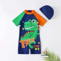 Toddler Kids Boy One Piece Swimwear Cartoon Trex Dinosaurs Swimsuit with Swim Cap