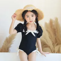 Toddler Girls One Pieces Puffy Sleeve Swimwear Bowknot Swimsuit with Swim Cap