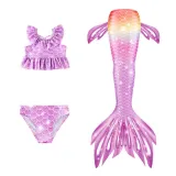 Toddler Girls 3 Pieces Swimwear Fish FinMermaid Lace Collar Bikini Swimsuit