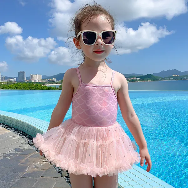 Toddler Girls One Piece Swimwear Sling Glittering Mesh Tutu Mermaid Skirt Swimsuit