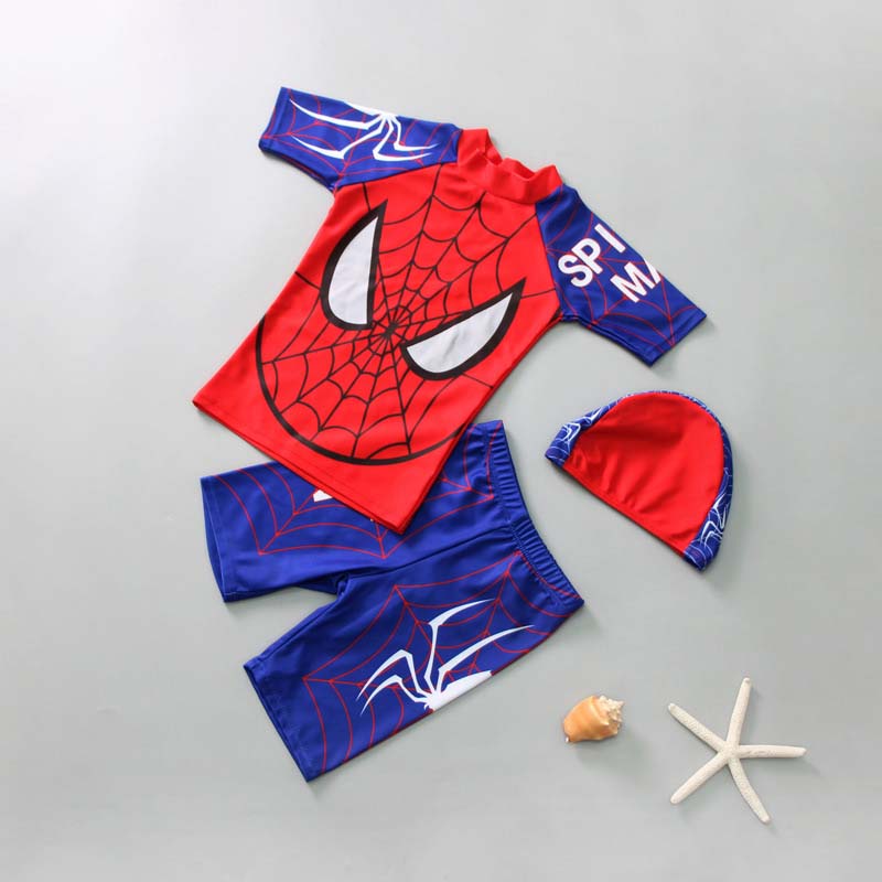 Toddler Kids Boy 3 Pieces Swimwear Spider Tops and Trunks Swimsuit with Swim Cap