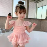 Toddler Girls One Piece Swimwear Pink Mesh Tutu Skirt Swimsuit