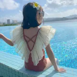Toddler Girls One Piece Swimwear Ruffled Collar Backless Swimsuit