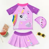 Toddler Girls Two Pieces Swimwear Unicorn Prints Skirt Swimsuit with Swim Cap