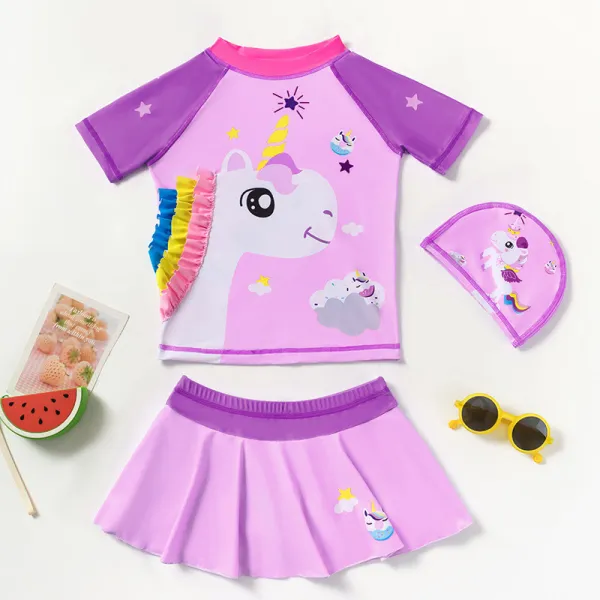 Toddler Girls Two Pieces Swimwear Unicorn Prints Skirt Swimsuit with Swim Cap